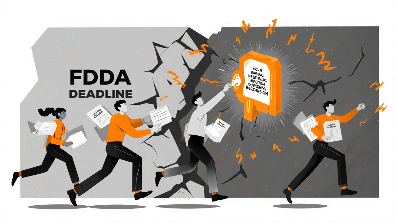 A pharmaceutical team racing against a crumbling 60-day deadline wall, holding critical documentation.