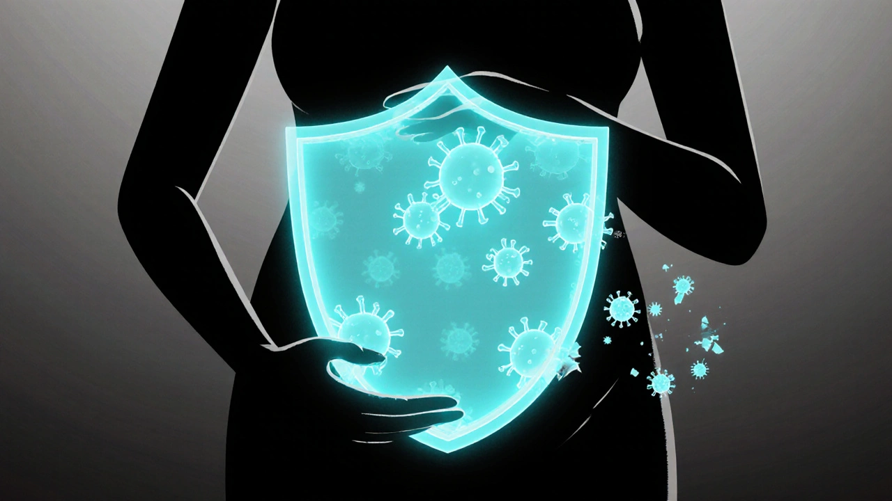 A pregnant woman’s silhouette protected by molecular shields, blocking HIV from reaching the womb.