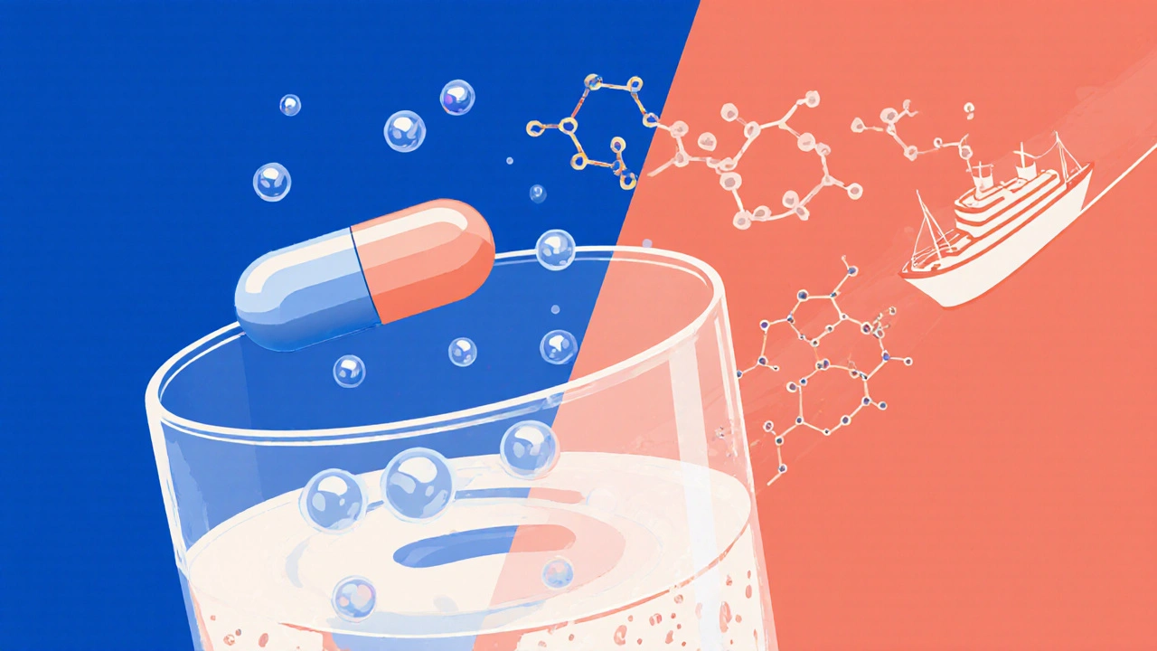 A soft gel capsule dissolving into nano-sized oil spheres carried by a stylized bloodstream in duotone colors.