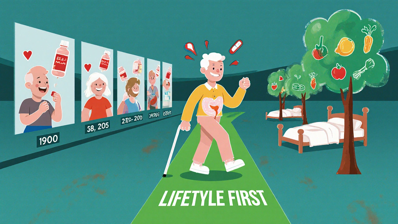 A timeline shows shift from aspirin reliance to healthy living, with medical risks fading as lifestyle gains grow.