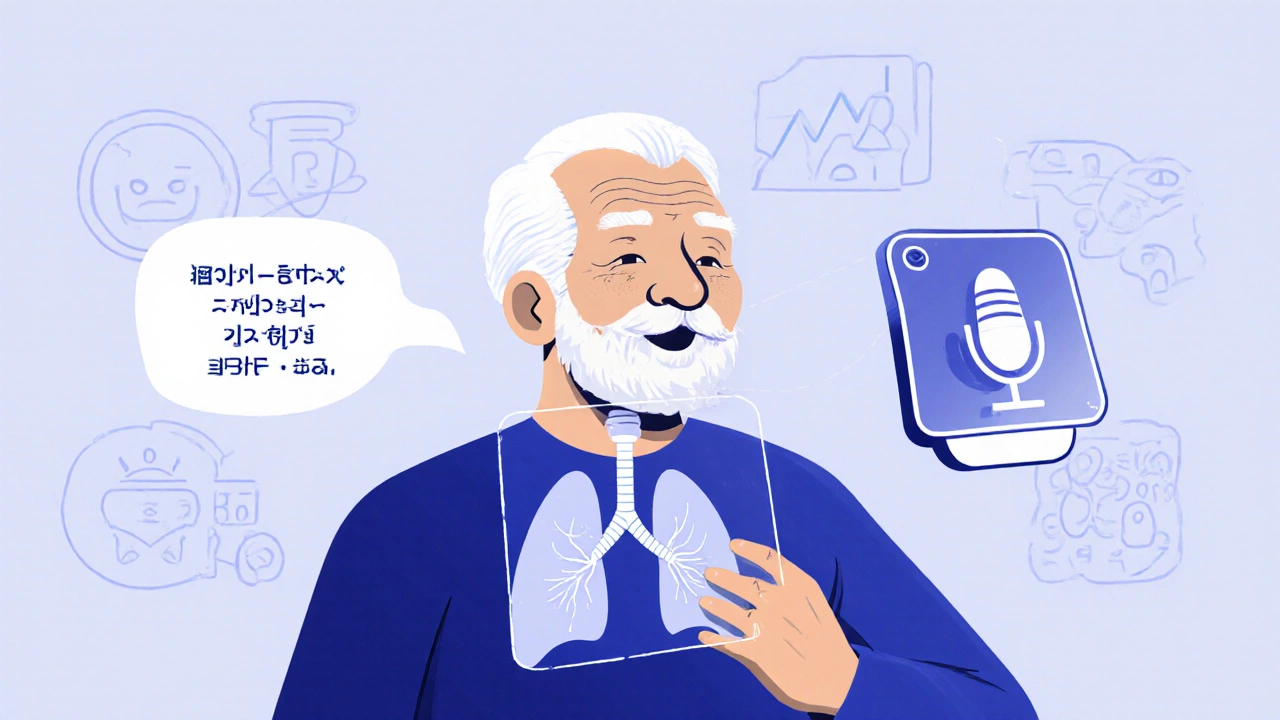 AR visualization of lung movement on a senior&#039;s chest via smartphone, with voice assistant.