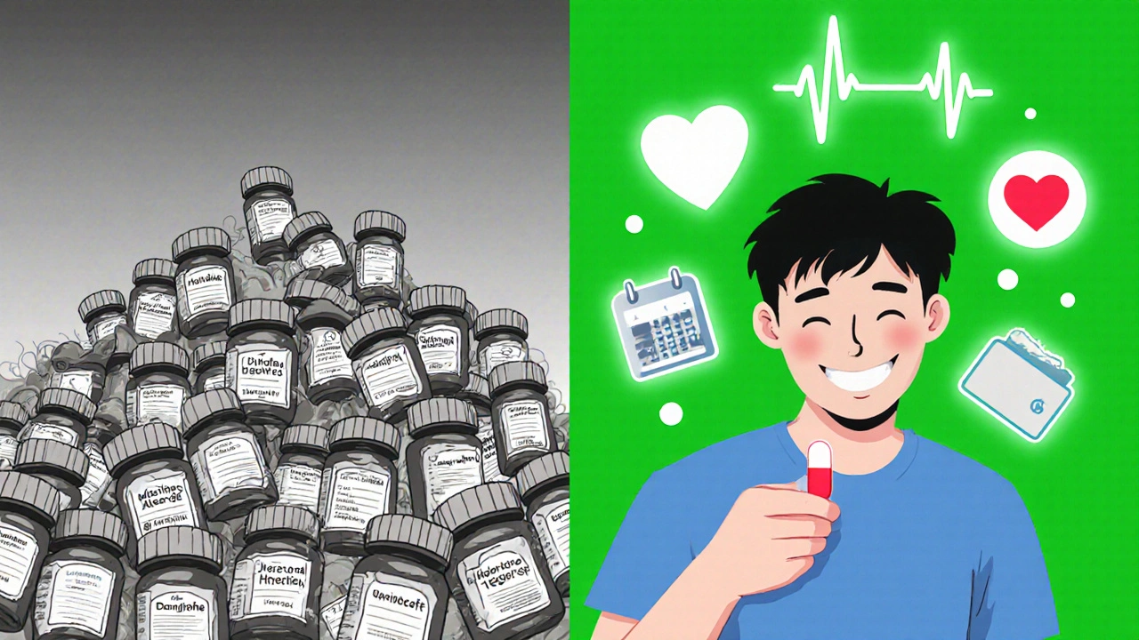 Before and after: cluttered pills vs. single pill with rising heartbeat line.