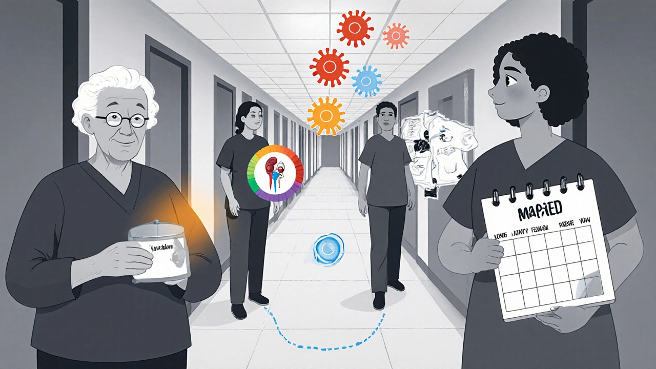Diverse patients with apixaban, kidney icon, and missed INR test, connected by blood cells in duotone cartoon style.