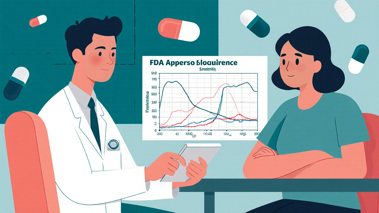 Doctor and patient reviewing a bioequivalence chart showing identical drug absorption curves.
