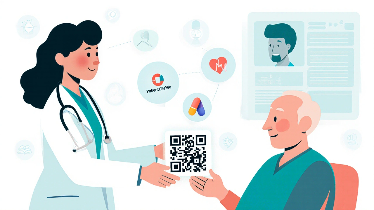 Doctor giving patient a QR code that activates digital health tools, with AI helper nearby.
