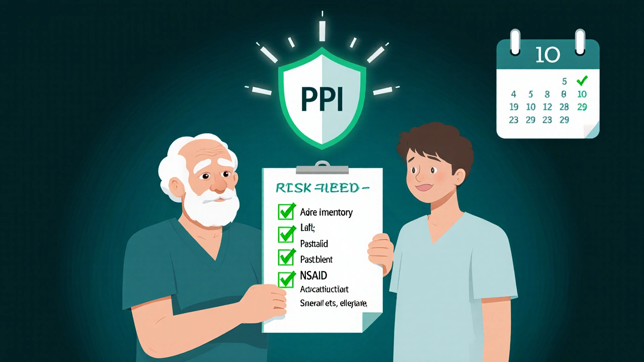 Elderly patient with two risk factors protected by PPI, while healthy younger person needs no stomach medication.