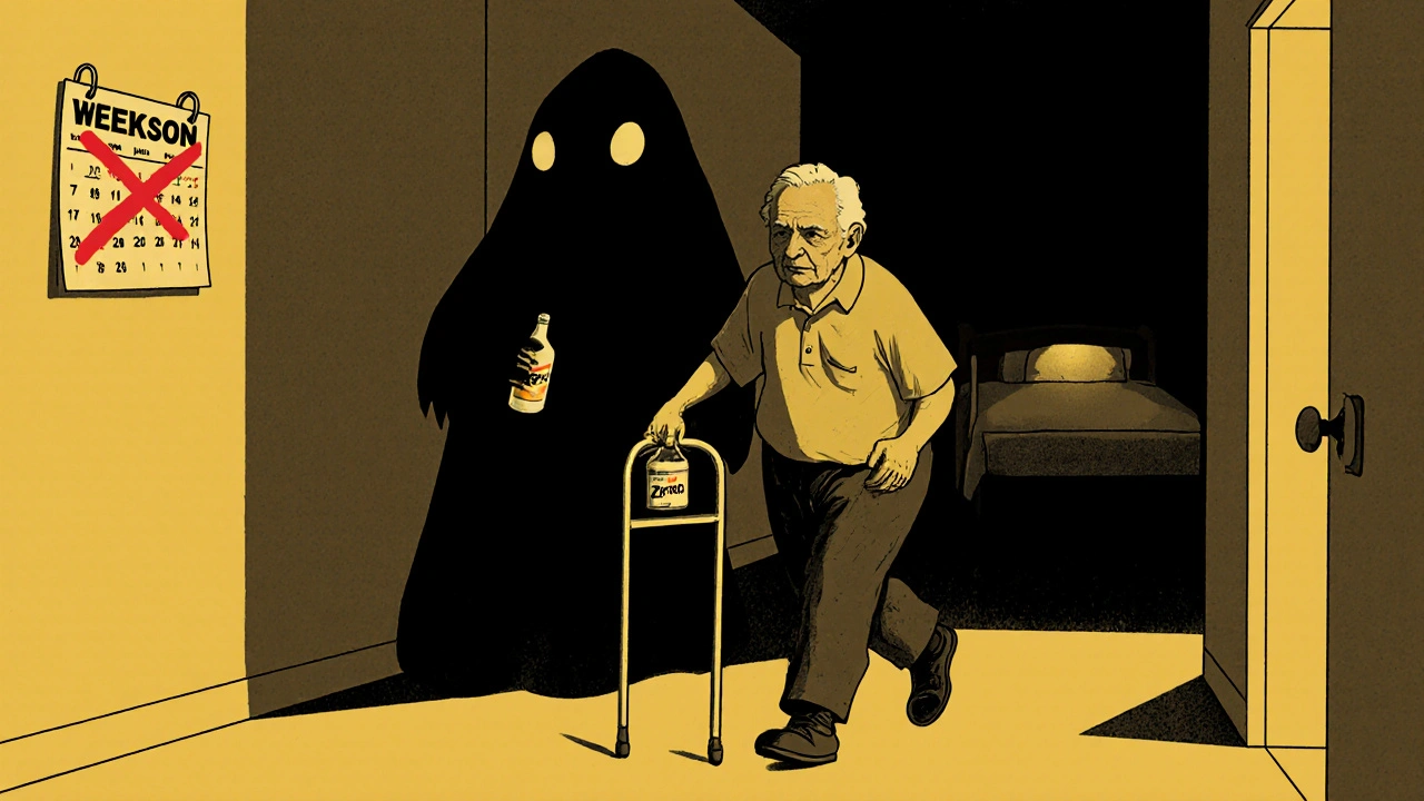 Elderly person stumbling with Zyrtec, alcohol shadow looming, hospital bed faintly visible in background.