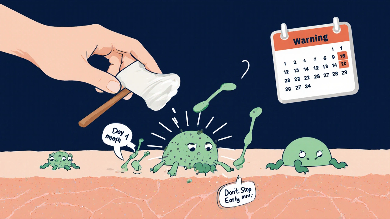 Microscopic view of fungal spores being destroyed by butenafine molecules, with a calendar showing four weeks.