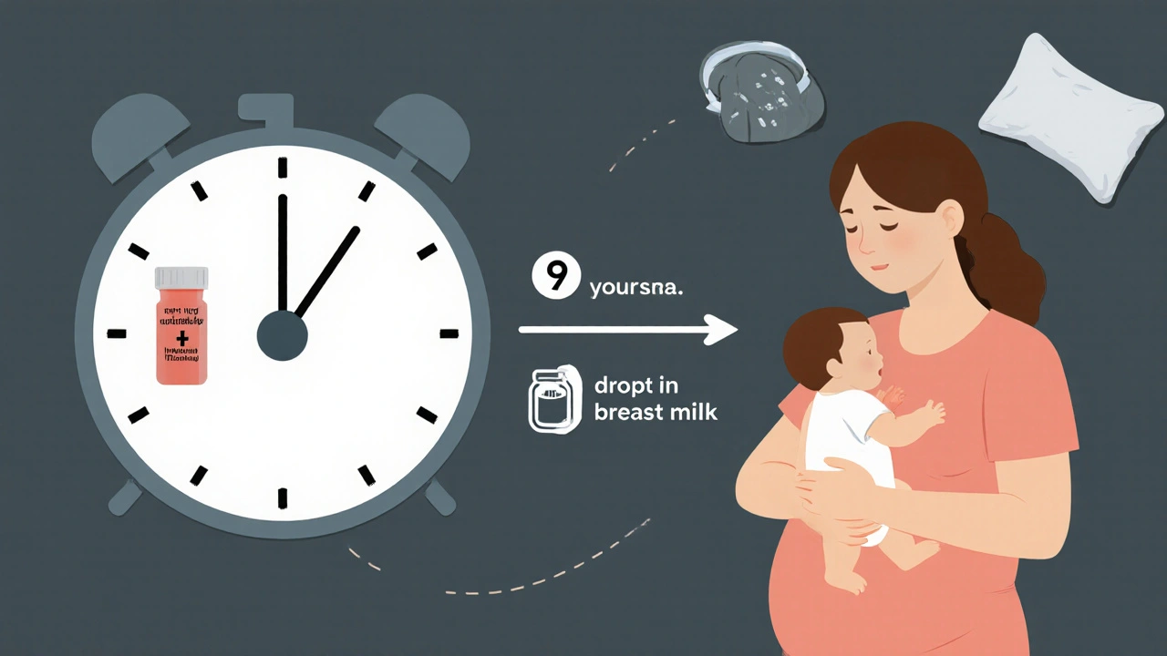 Mother takes opioid pill at 7 p.m. and nurses at 9 p.m. to minimize baby&#039;s exposure.