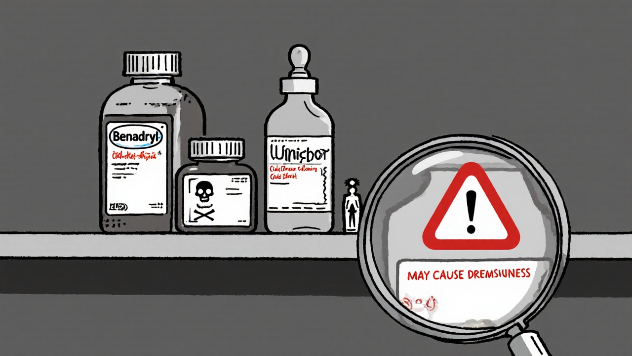 OTC medicine bottles with hidden alcohol bottles beside them, magnifying glass revealing tiny danger symbols.
