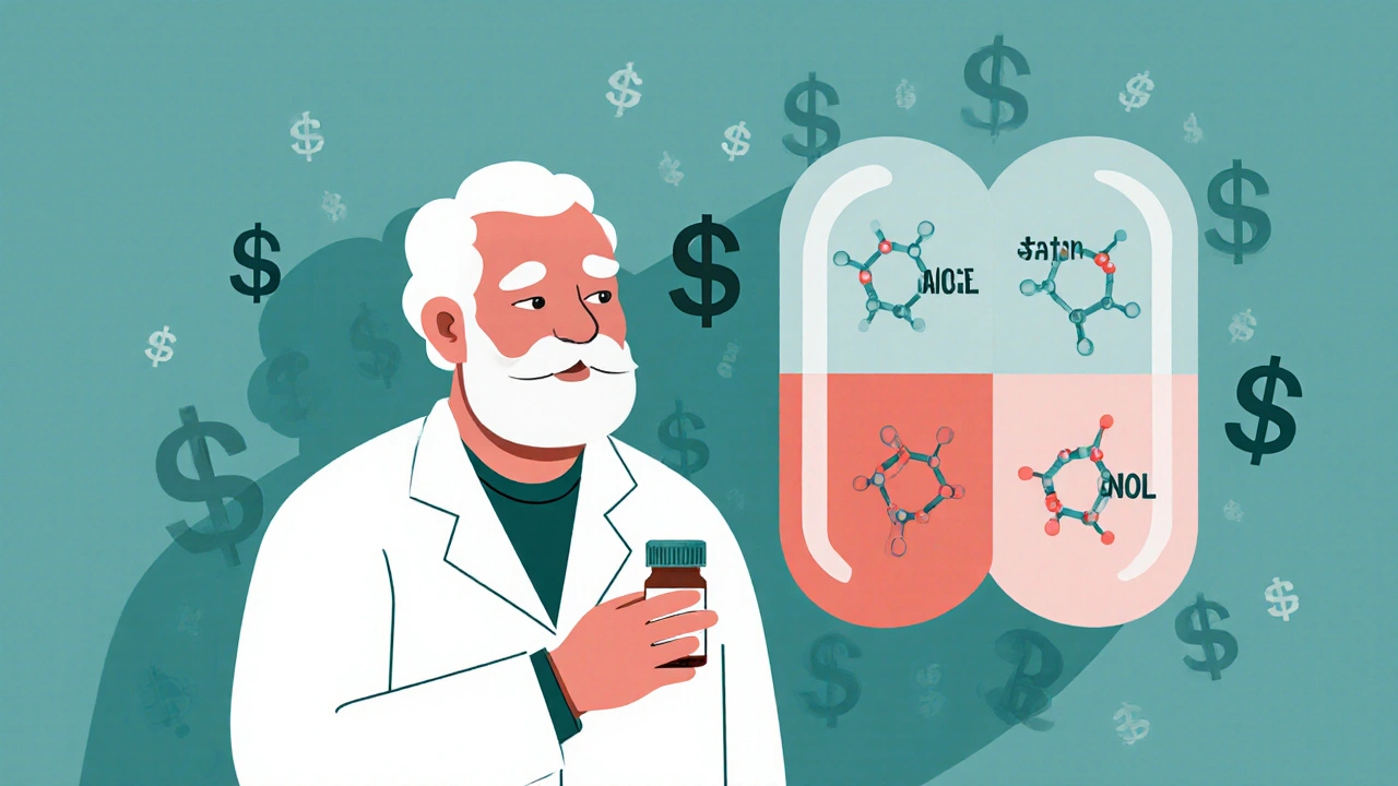 Pharmacist explains a combination heart pill with visible drug components inside.