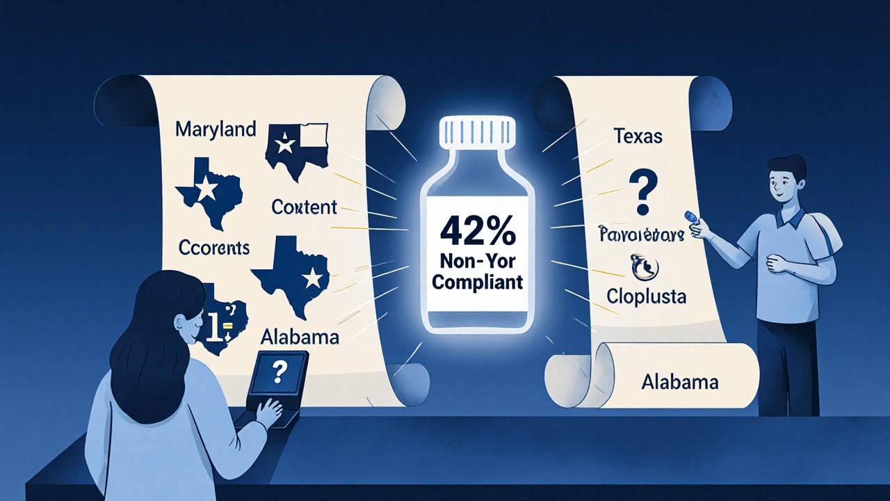 Pharmacist facing a compliance alert on screen, with state laws and Paxlovid bottle symbolizing changing authority.