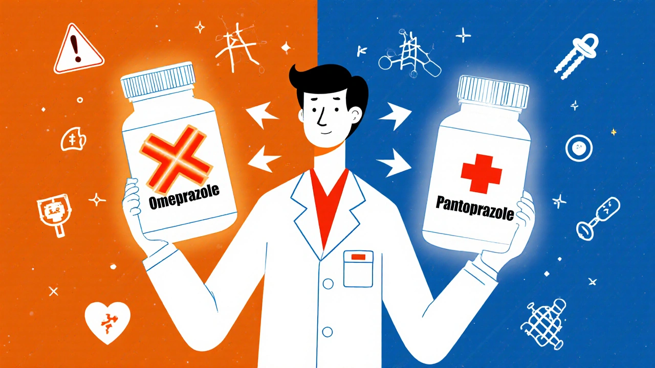 Pharmacist rejecting omeprazole for clopidogrel users, showing enzyme interaction conflict with safe pantoprazole alternative.