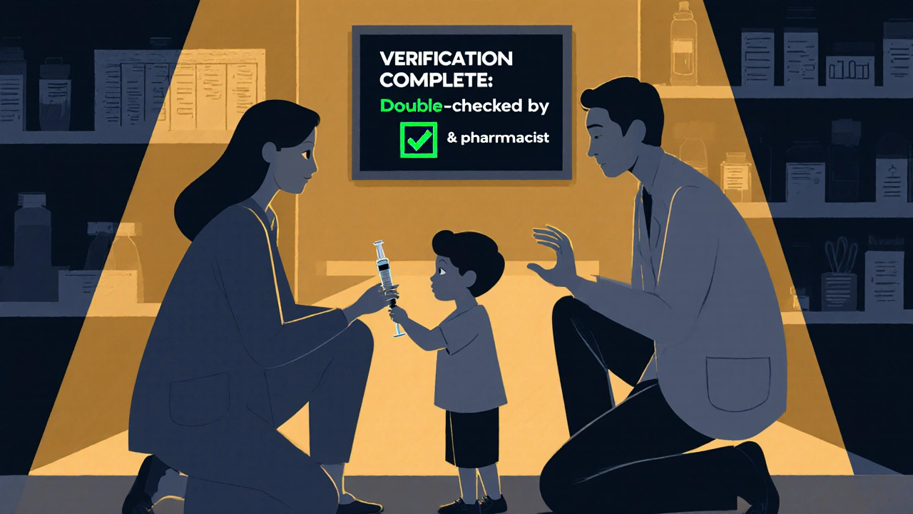 Pharmacist teaching a parent to use a syringe for child&#039;s medicine with verification checklist visible.