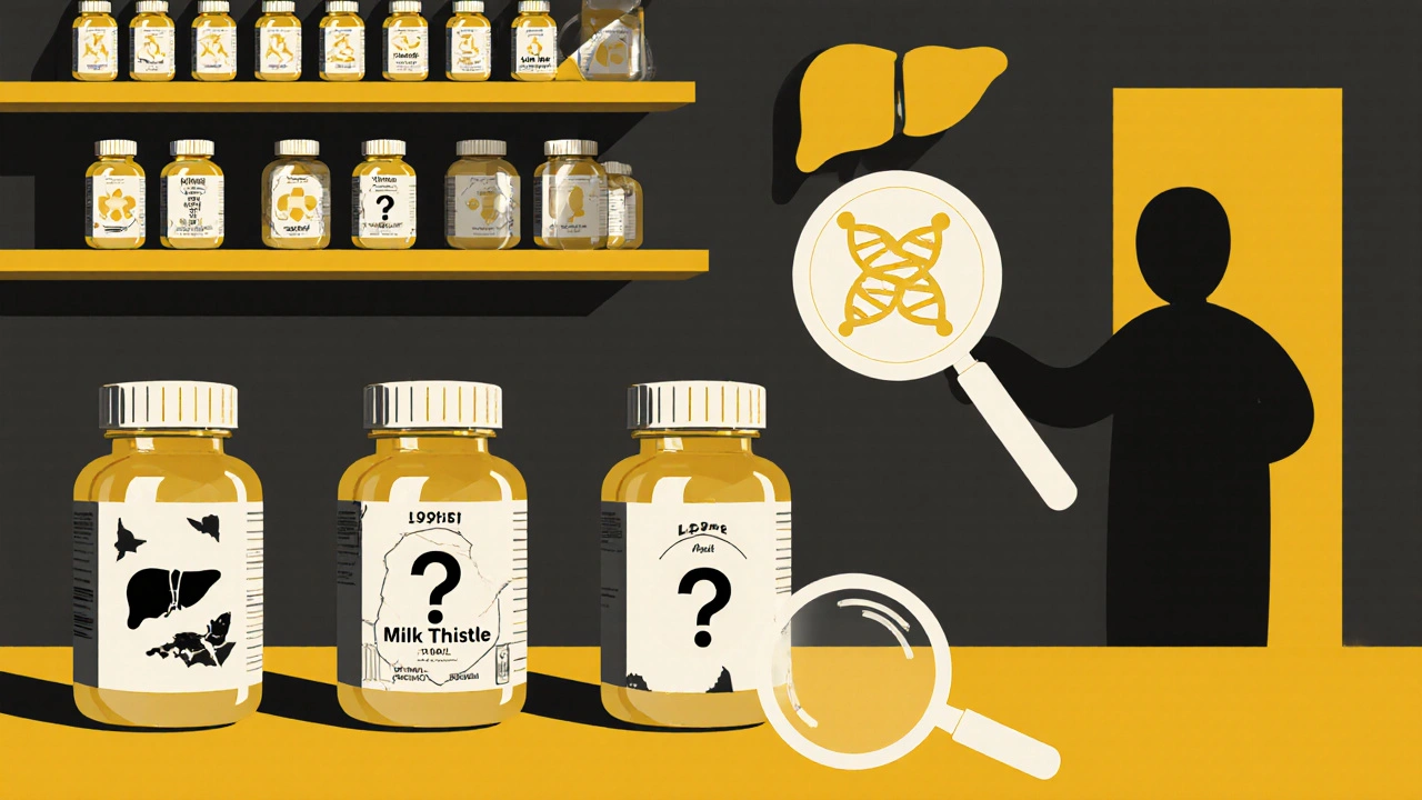 Pharmacy shelves with varied milk thistle supplements, one with certification seal, beside a DNA strand.
