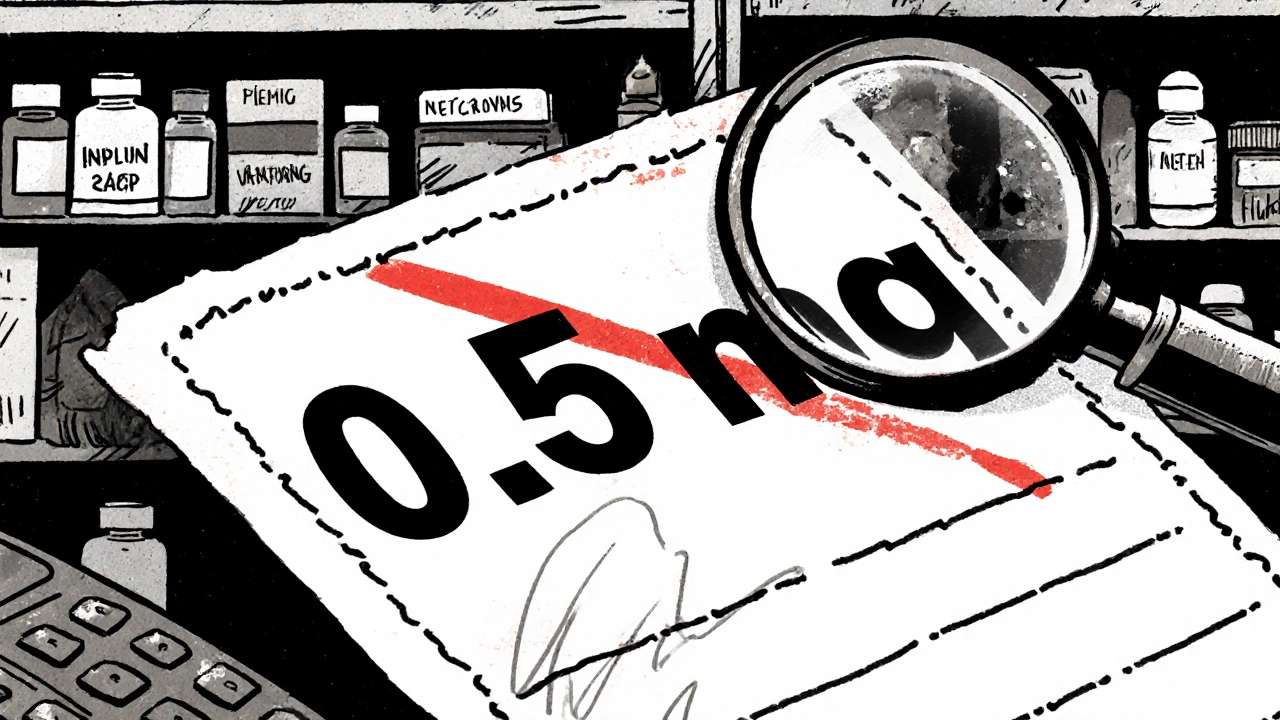 Prescription label showing corrected &#039;0.5 mg&#039; with crossed-out &#039;.5 mg&#039; and medical tools nearby.