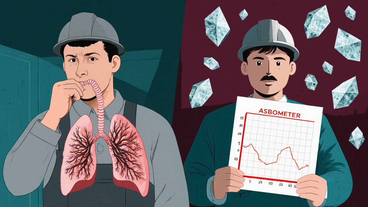 Split image of a worker with damaged lungs on one side, and the same man receiving a lung test on the other.