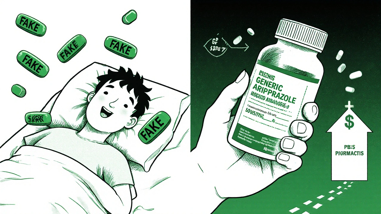 Split image: person sick from fake pills vs. healthy with legitimate medication from pharmacy.