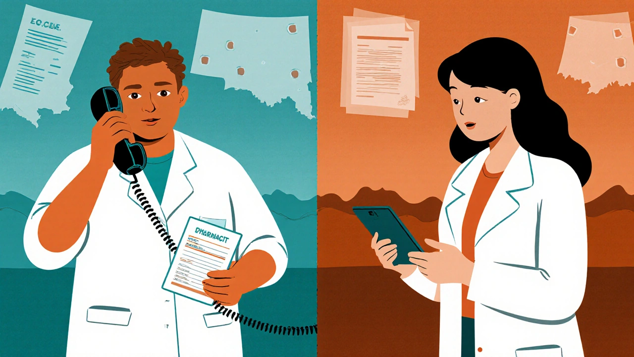 Split scene: pharmacist in Alabama calling a doctor vs. pharmacist in Colorado prescribing birth control autonomously.