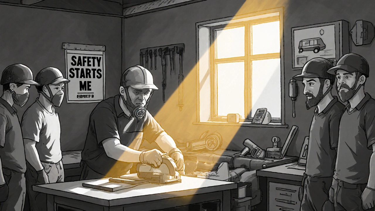 Supervisor and workers safely using wet-cutting tools with ventilation in a well-lit workshop.