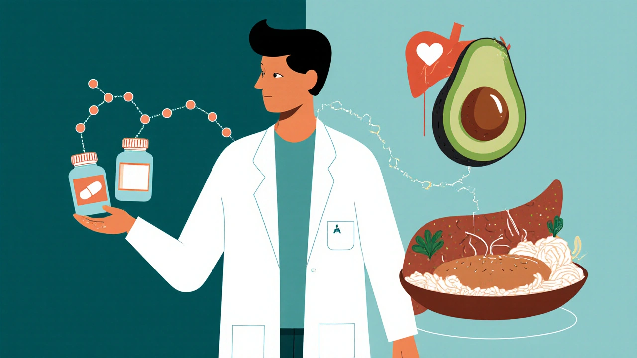 Two pill bottles side by side, one generic and one lipid-based, connected to organs by a glowing fat molecule chain.