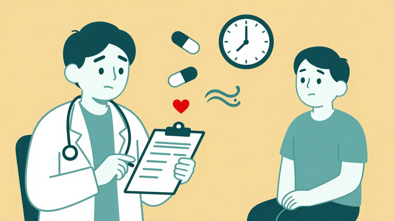 A doctor considering antiemetic options with warning symbols and a timeline showing tolerance development.