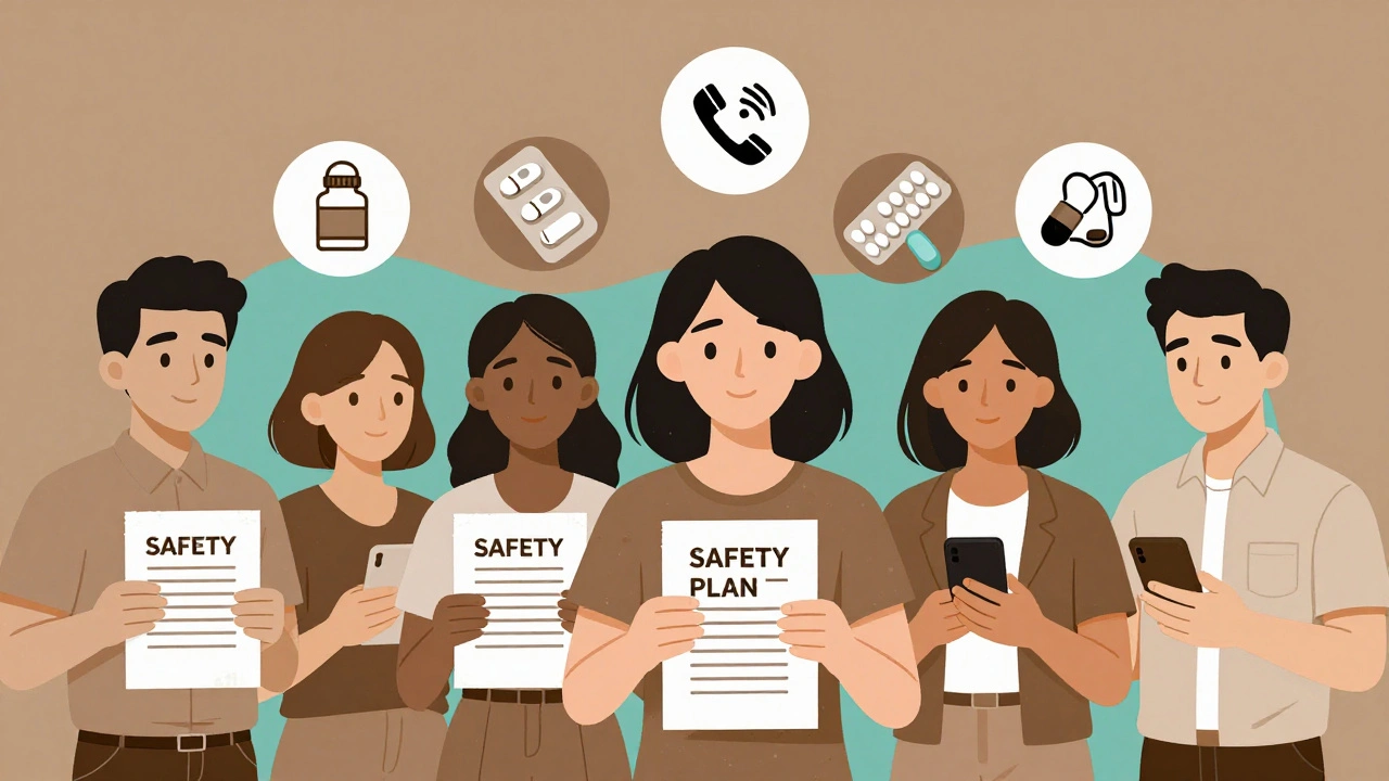 A group holding safety plans with symbols of overdose prevention tools like naloxone and medication.