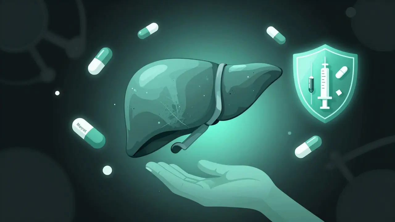 A liver heals as clean syringes and pills form a protective shield around it, symbolizing integrated HCV care.