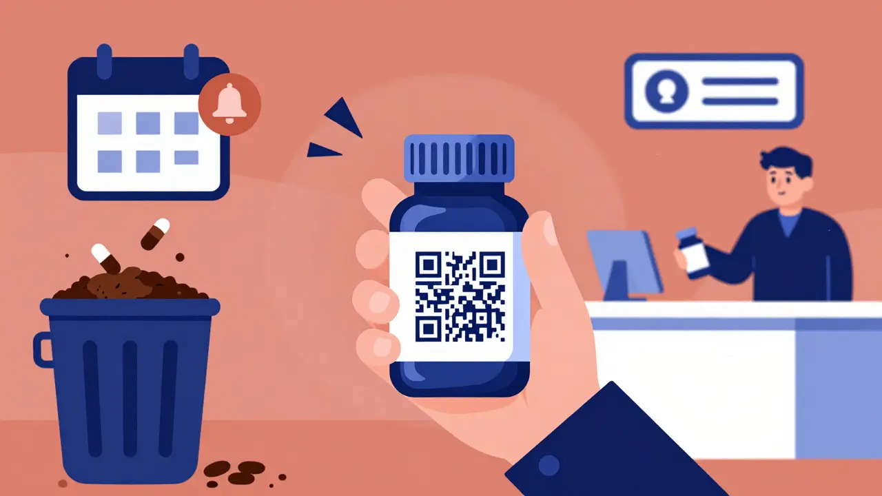 A person holding a pill bottle with a glowing QR code, surrounded by icons for disposal, reminders, and pharmacy return.