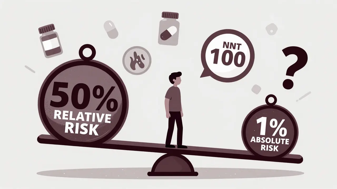 A scale balancing misleading 50% risk claim against small 1% benefit, patient standing on it, NNT and pill icons floating nearby.