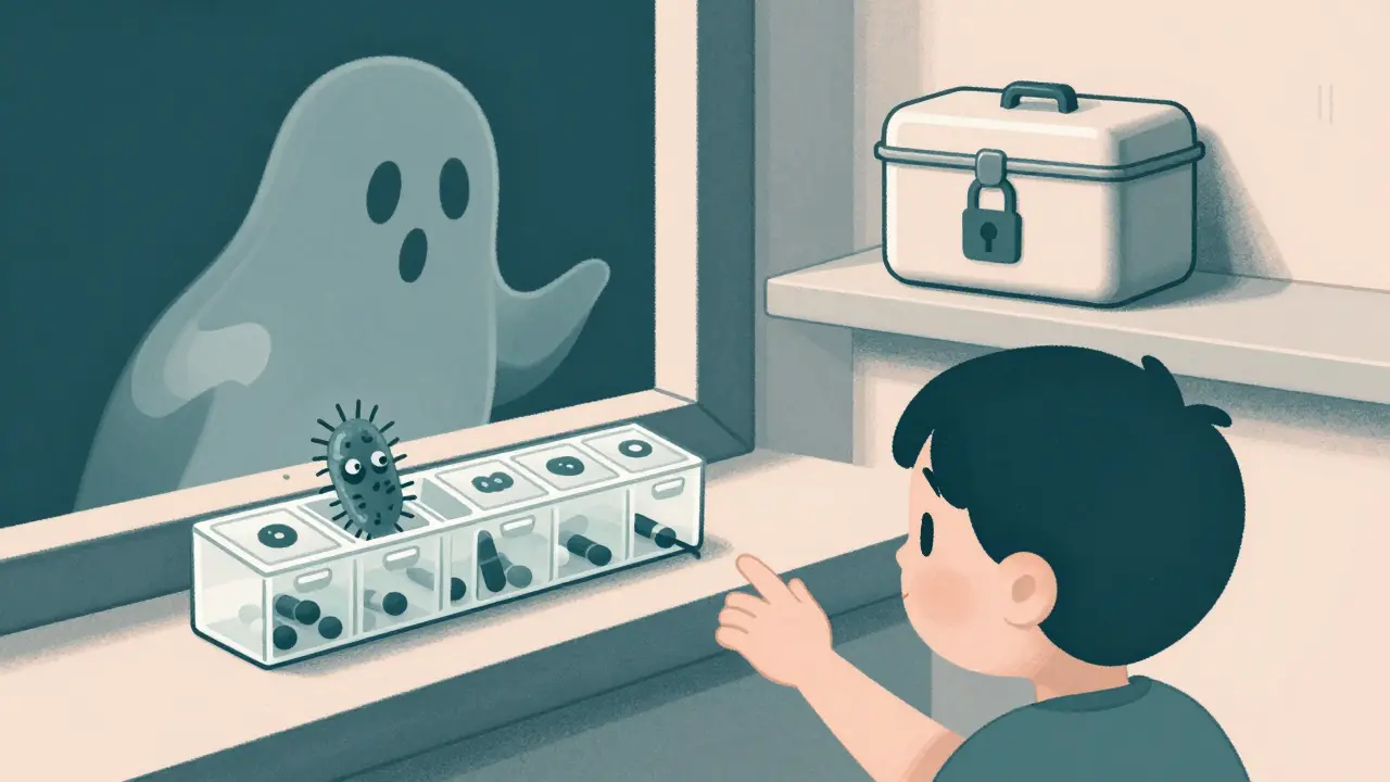 Child reaching for unlocked pill organizer while bacteria ghost emerges, locked organizer safely out of reach.