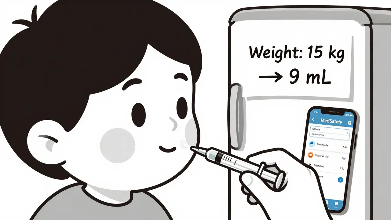Child receiving medicine via syringe into cheek pouch, with weight calculation note on fridge.