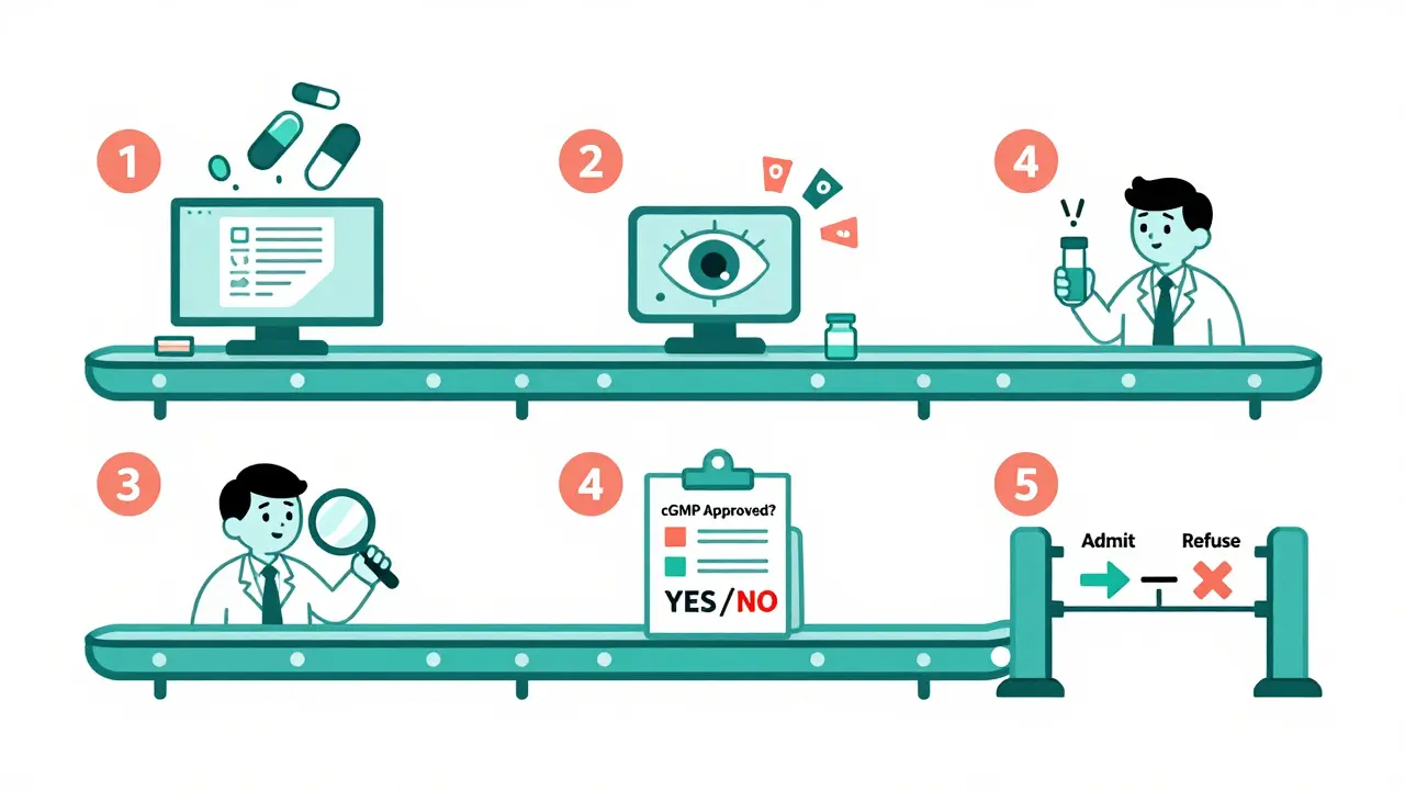 Conveyor belt showing the five-step FDA drug inspection process with labeled stations and simplified cartoon elements.