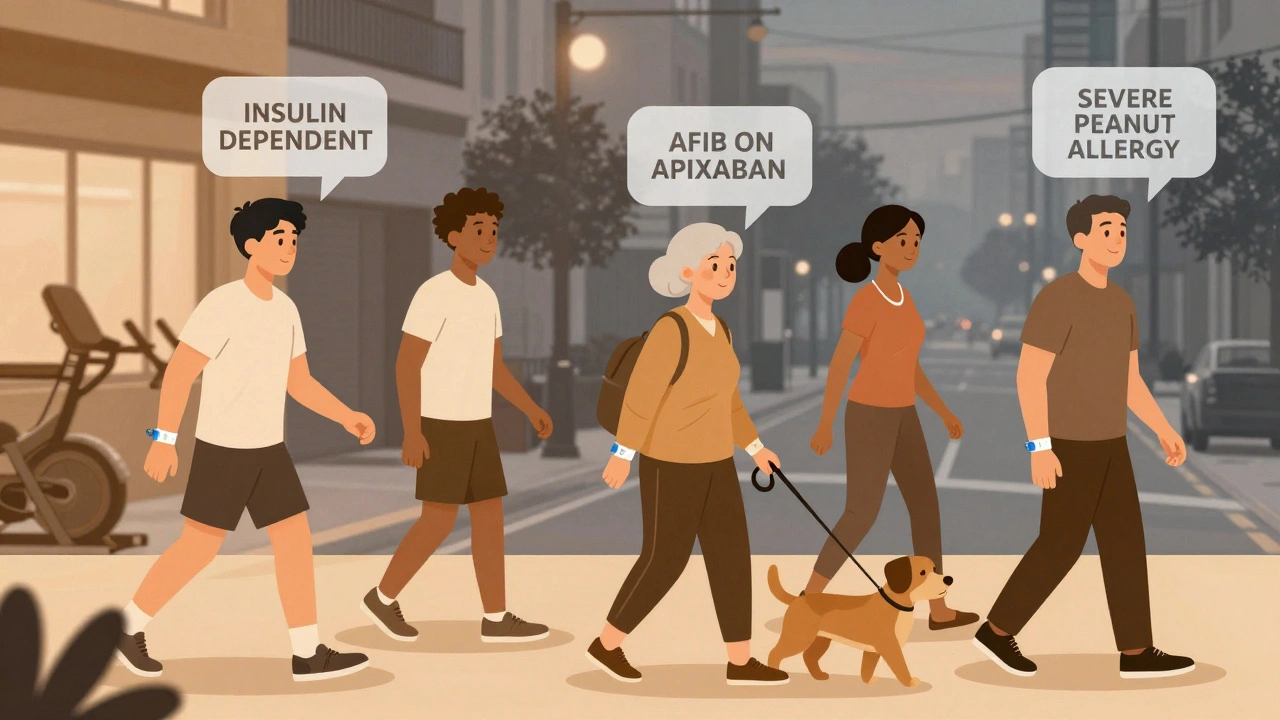 Diverse individuals wearing medical alert bracelets with floating health information above them in urban setting.