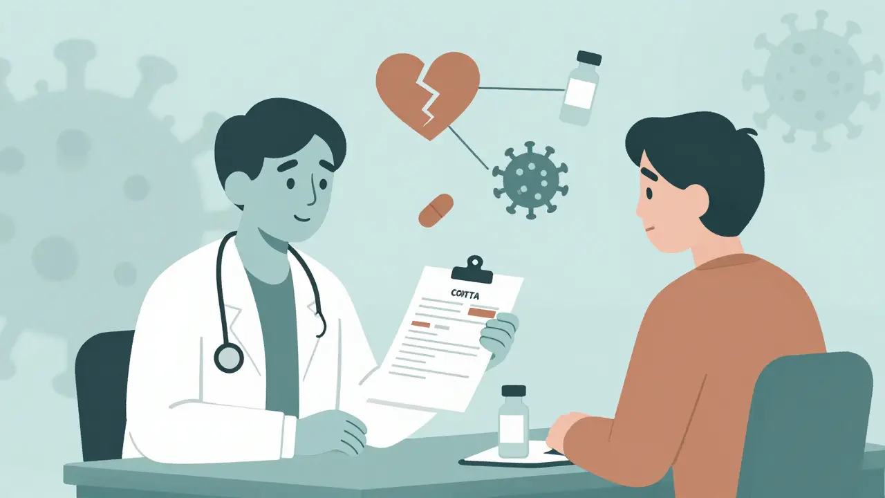 Doctor and patient reviewing blood test with risk icons floating above, in duotone illustration style.