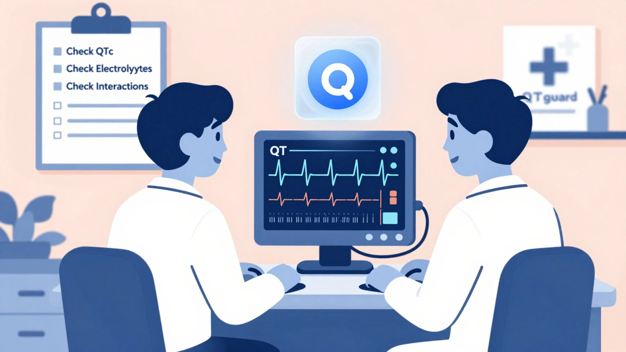 Doctor and patient reviewing normalized ECG with checklist and AI icon in clinic setting.