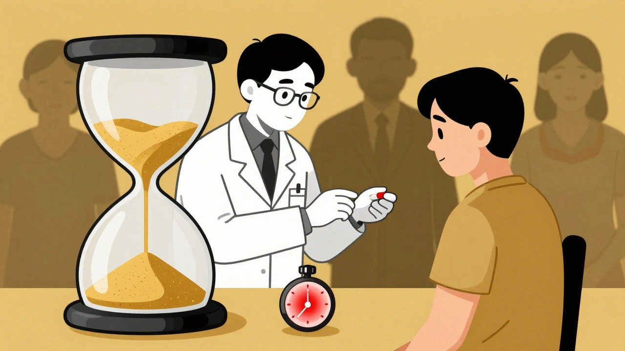 Doctor giving steroid pill as golden sand drains from an hourglass into an ear canal.