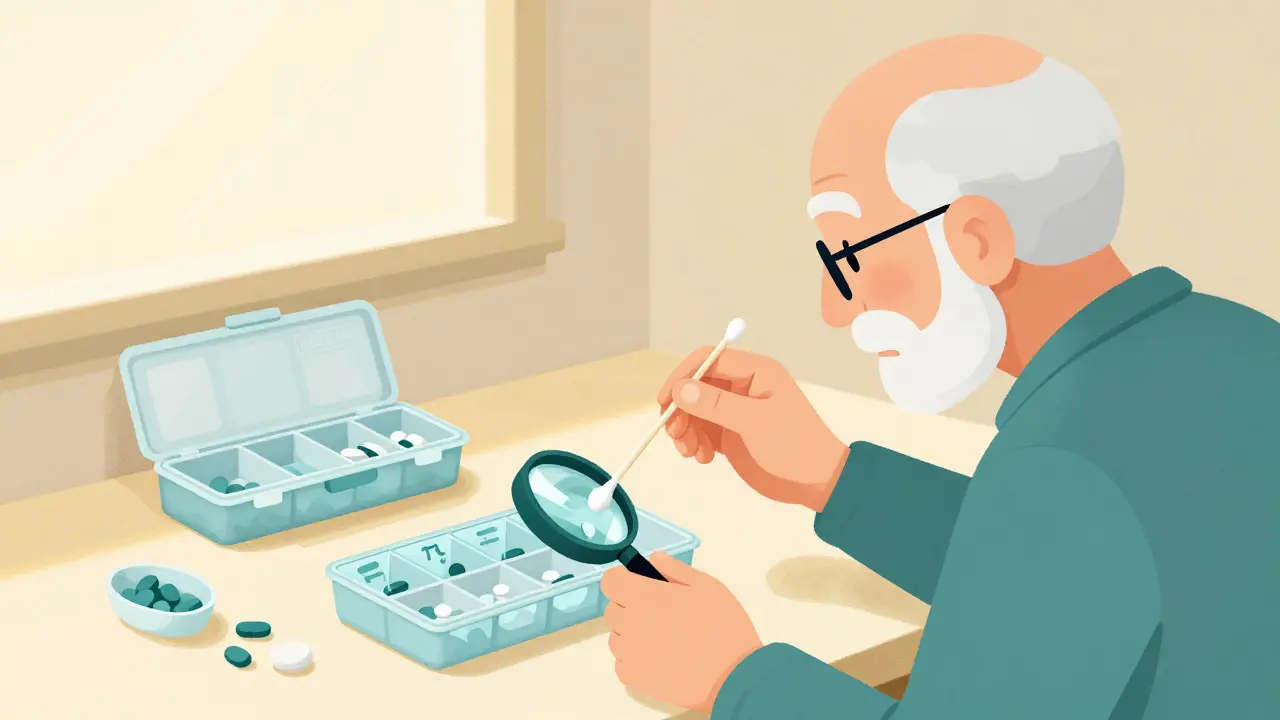 Elderly person cleaning a pill organizer with alcohol swab, magnifying glass nearby, second organizer in background.