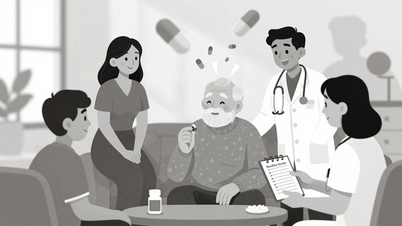 Family and healthcare team gathered around an elderly patient holding one pill, while other medications fade into light.