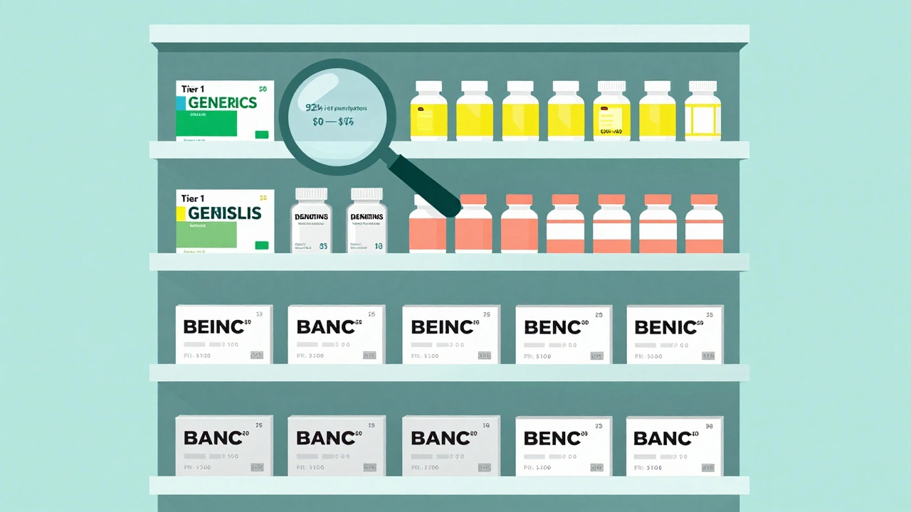 Five-tier pharmacy shelf with generics in low-cost tiers and brand drugs in expensive upper tiers, magnifying glass over Tier 1.