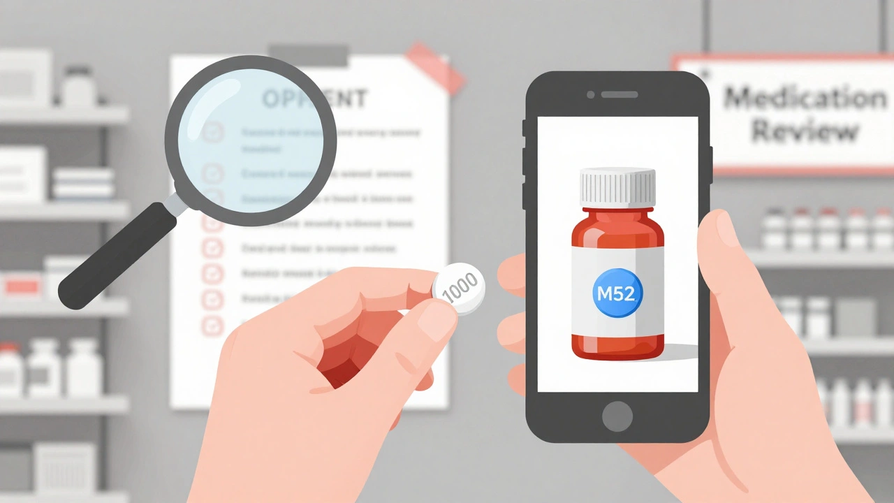 Hand comparing pill in bottle to photo on phone, showing different pill appearance.