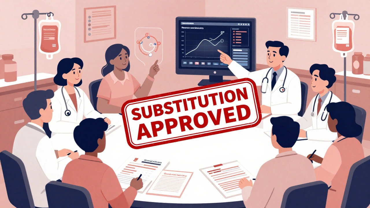 Hospital team reviews clinical data to approve drug substitution during P&amp;T committee meeting.