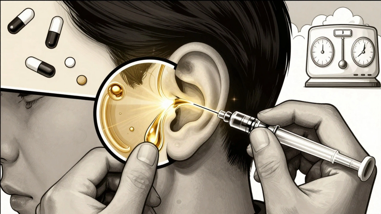 Intratympanic injection delivering golden fluid directly into the inner ear, contrasting side effects.