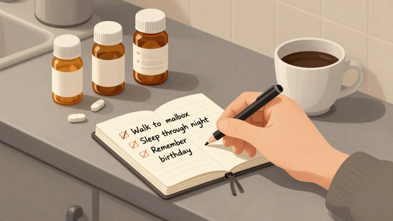 Journal with health goals on kitchen counter, one pill crossed out on a list.