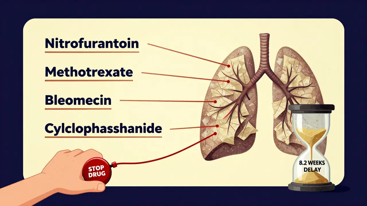 Medical chart linking five drugs to damaged lungs, hand pulling alarm cord