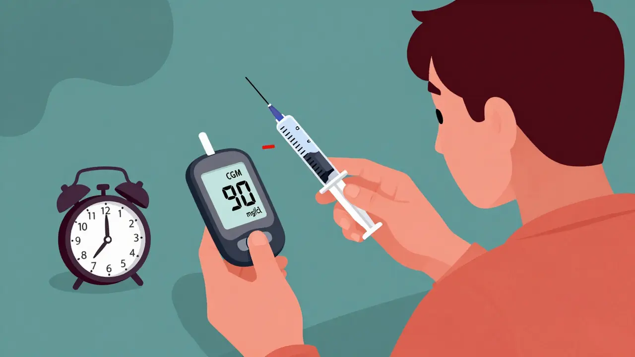 Nighttime CGM reading with falling glucose trend and hesitating insulin adjustment