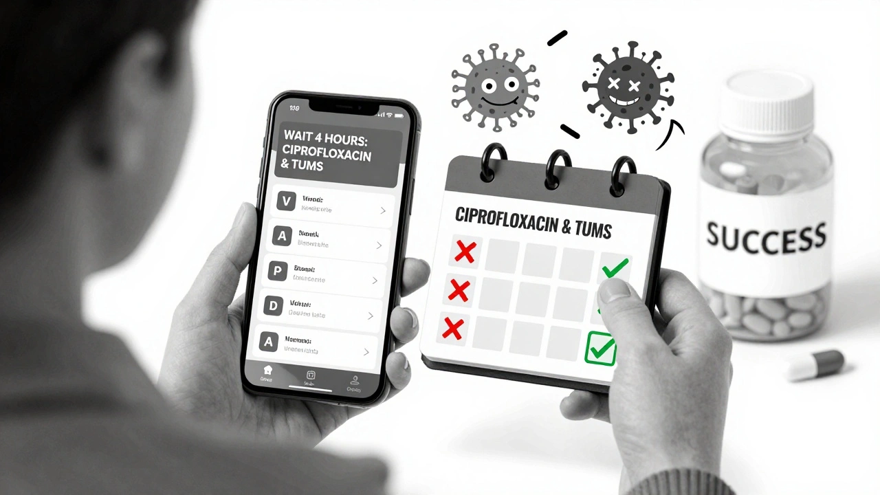 Patient checking a medication app that warns of timing conflict between ciprofloxacin and antacids, with correct schedule marked on calendar.