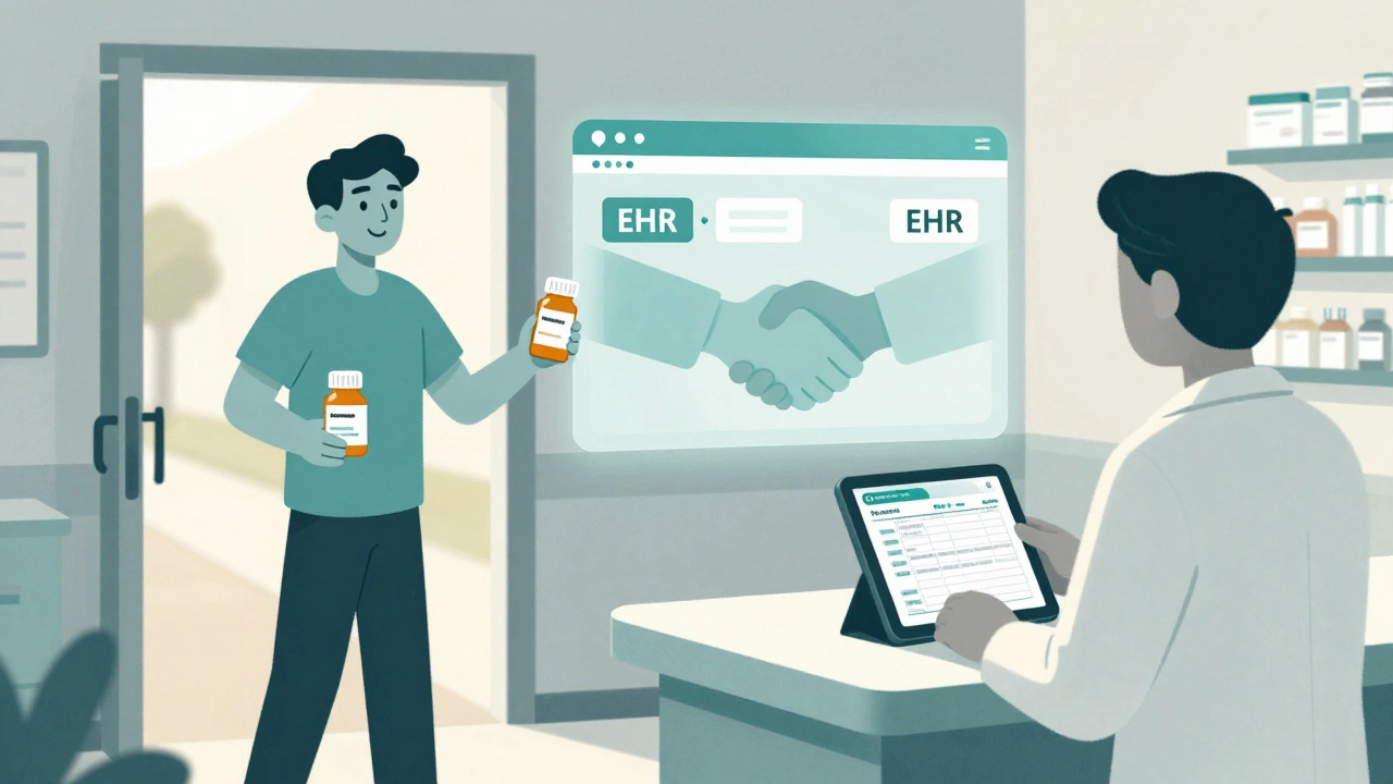 Patient exits hospital with new medication as digital systems connect hospital and retail pharmacy records.
