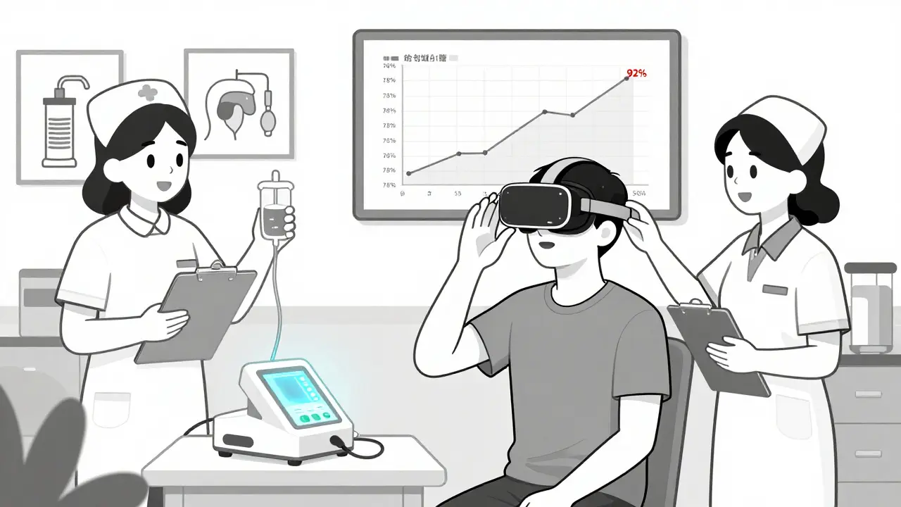 Patient practicing self-needling with VR headset during home dialysis training, nurse observing.