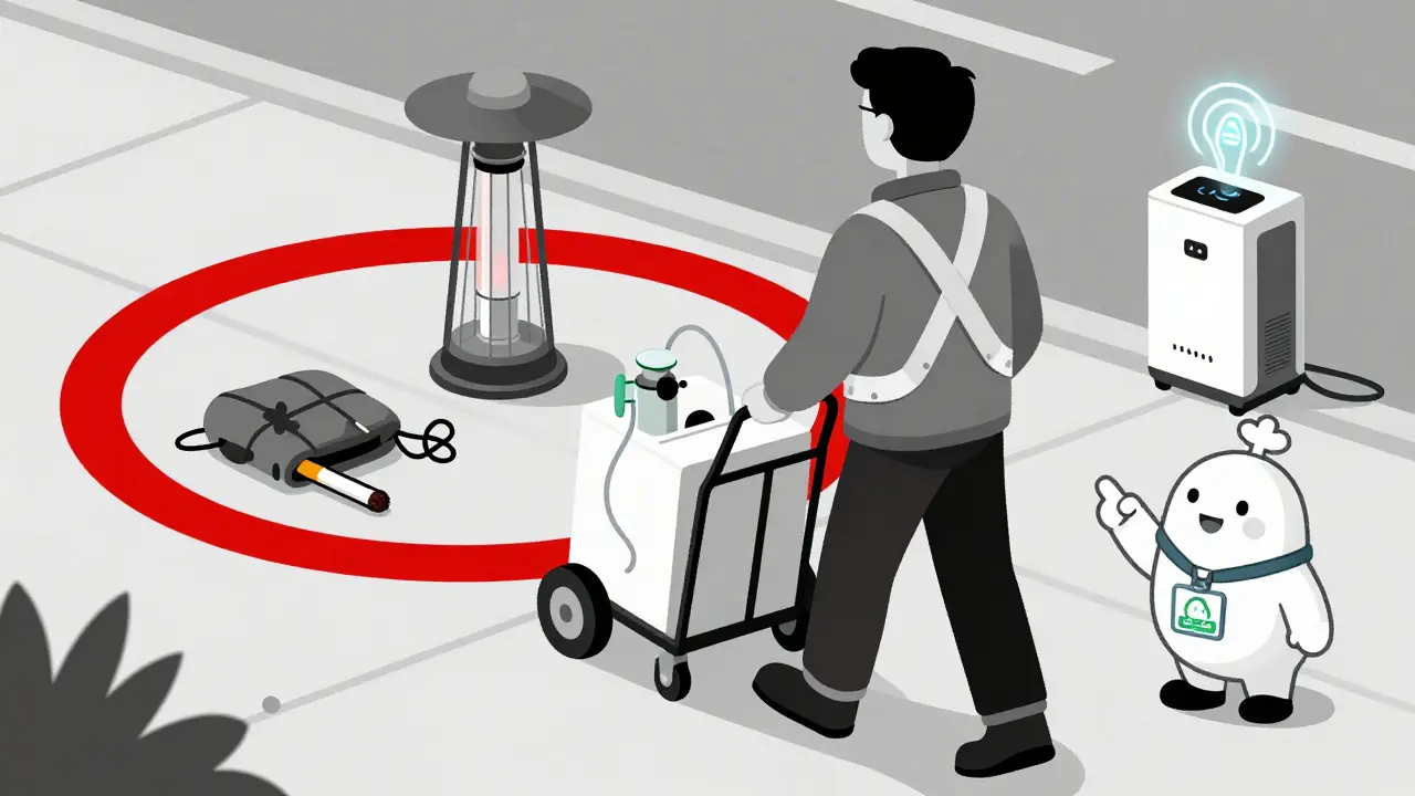 Person walking with wheeled oxygen cart, 10-foot safety zone marked, AI detector glowing above device.